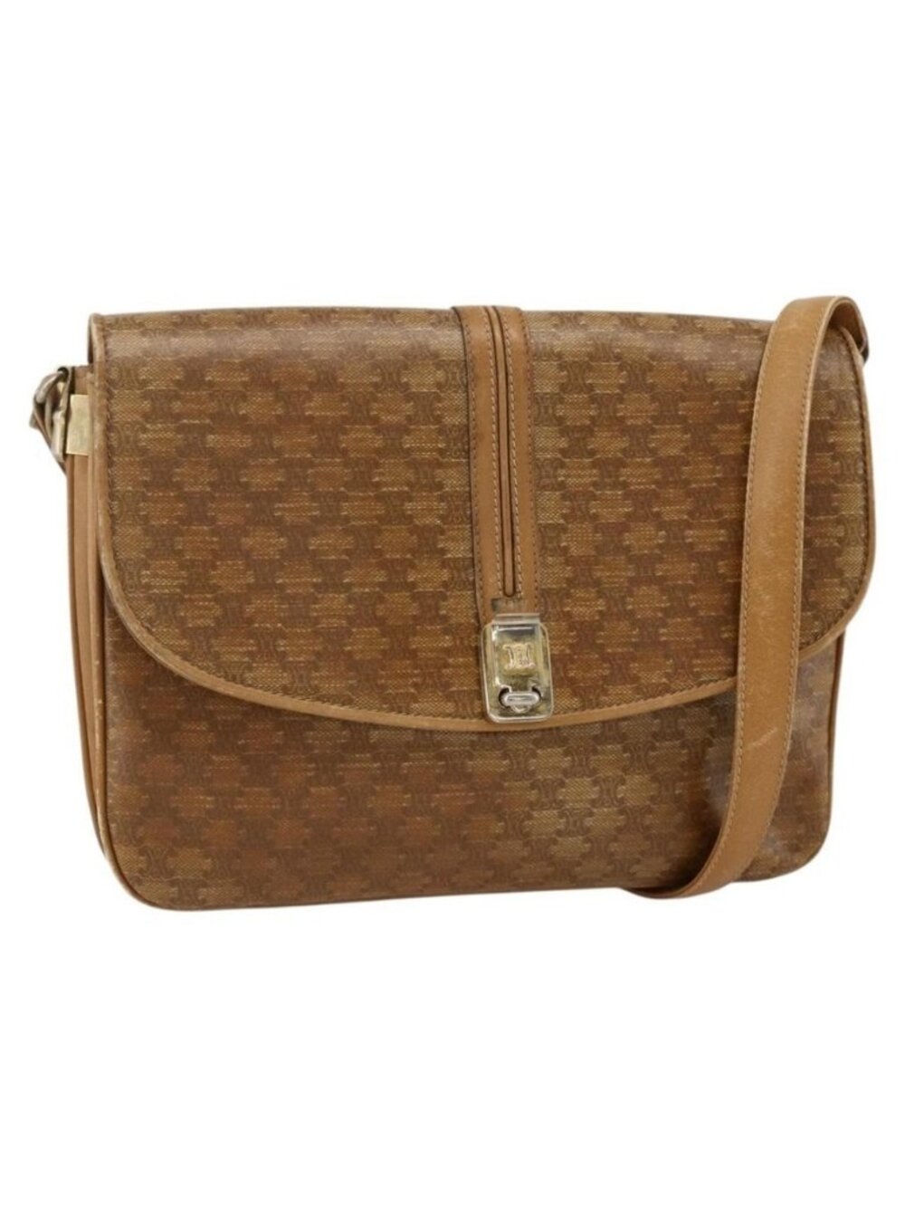 Authentic CELINE Macadam Canvas Shoulder Bag PVC Leather Beige Gold